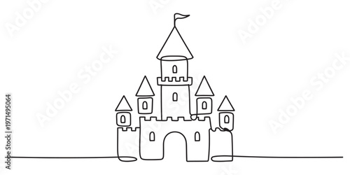A minimal black and white continuous line drawing of a majestic fairy tale castle with towers. Vector, illustration