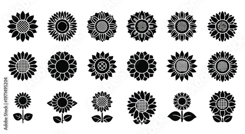 Collection of stylized black and white sunflower icons and simple illustrations with leaves