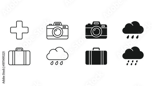 Icons representing travel, photography, and weather conditions in a simplified style