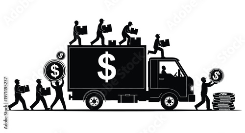 Moving company with dollar signs workers and a truck in silhouette