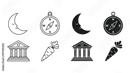 Contrasting icons of classical architecture, celestial navigation, and vegetables