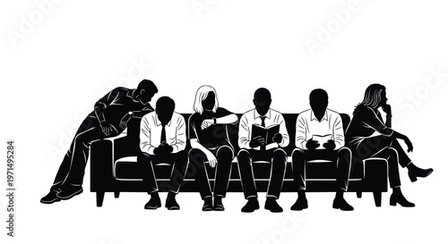 Group of people seated on a couch depicted in a stark silhouette