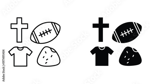 Contrast comparison of icons representing religious and sports themes with clothing items