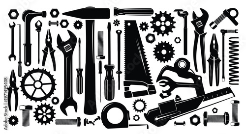 Collection of various black tools and mechanical parts a striking silhouette