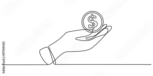 A single continuous line drawing of a human hand holding a coin with a dollar sign on white back Vector, illustration