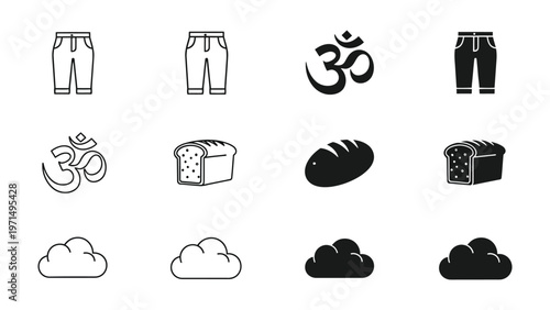 Collection of icons representing yoga, bread, and weather symbols