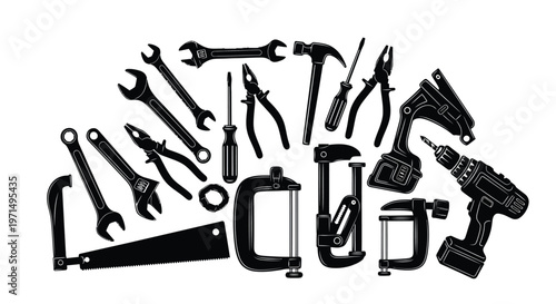 Collection of various hand and power tools in black silhouette