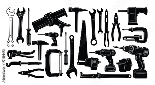 Collection of various hand tools and power equipment black silhouette