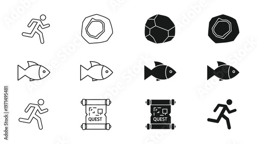 Symbolic icons depicting characters, objects, and quests in various styles