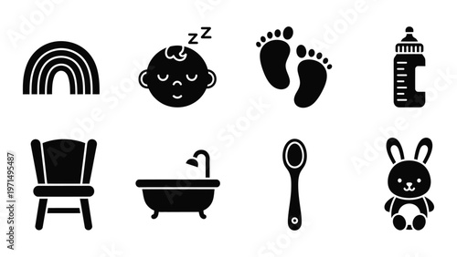A collection of simple black icons depicts newborn baby essentials including a rainbow footprints and a bottle high quality professional detailed