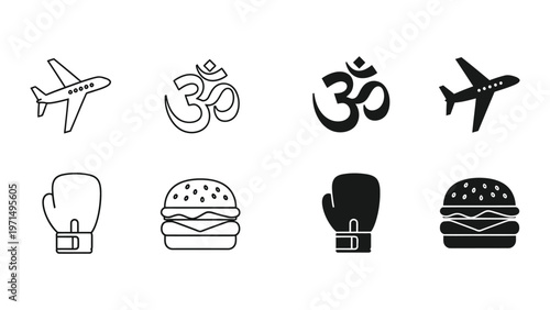 Contrasting icons of travel, spirituality, combat, and cuisine in minimalist styles