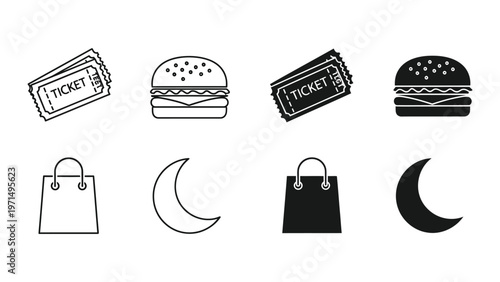 Contrast of icons depicting events, food, shopping, and nighttime symbols
