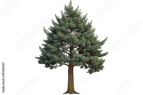 Blue spruce pine tree with evergreen needles and brown trunk, standing isolated on transparent background