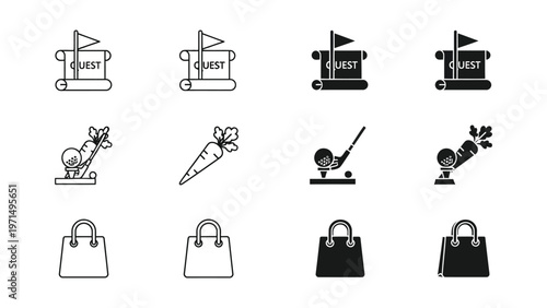 Iconic symbols representing various quests, sports, and shopping bags