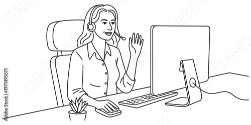 A line art illustration of a friendly customer service representative waving at her computer screen Vector, illustration