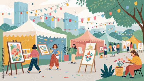 Vibrant art festival scene with multiple painters displaying colorful artwork under tents and trees in an urban setting with people admiring and creating
