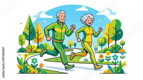 Elderly Couple Running Together Outdoors.