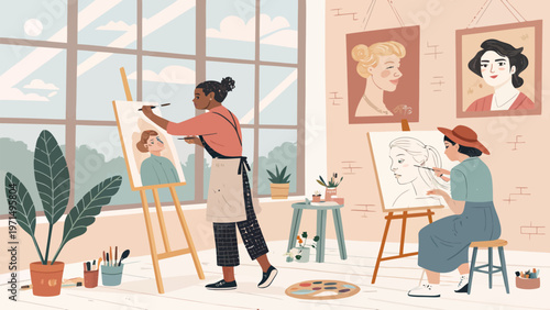 Two artists painting portraits on easels in a studio setting with large windows and plants