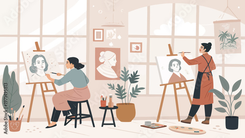 Two artists painting portraits on easels in a modern studio setting with natural light