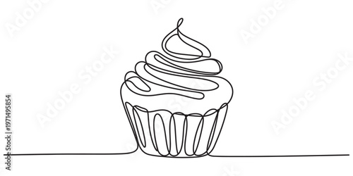 A single continuous line drawing of a delicious cupcake with frosting isolated on white background Vector, illustration