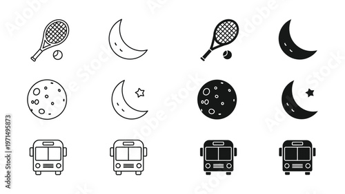 Whimsical icons combining sports, celestial bodies, and transportation elements