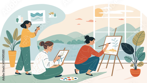 Three women engage in art therapy painting calmly in a serene room with a scenic view