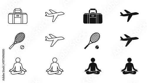 Travel, sports, and meditation icons paired with modern and traditional styles
