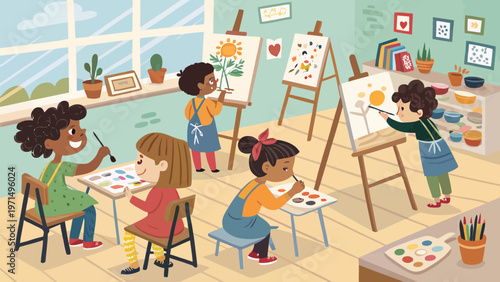 Diverse group of children practicing painting in an art studio with easels and colorful supplies