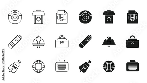 Collection of icons depicting security, technology, and travel elements in monochrome