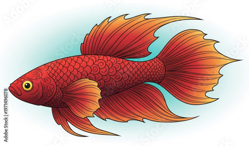 Stylized Red Tropical Fish Vector with Decorative Fins Marine Logo Design