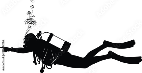 Scuba diver silhouette underwater, marine exploration, ocean adventure, diving sport, bubbles rising, aquatic icon, vector illustration design