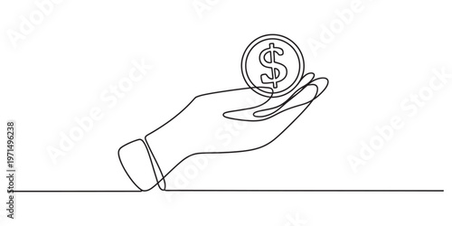 A single continuous line drawing of a human hand holding a coin with a dollar sign on white background Vector, illustration
