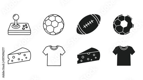 Assorted icons representing gaming, sports, food, and clothing items