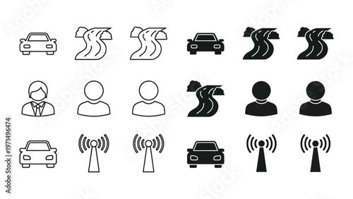 Icons depicting vehicles, people, and signal interference or connectivity variations