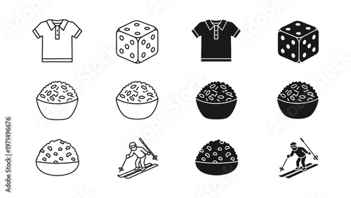 Visual comparison of clothing, dice, food bowls, and winter sports icons in monochrome
