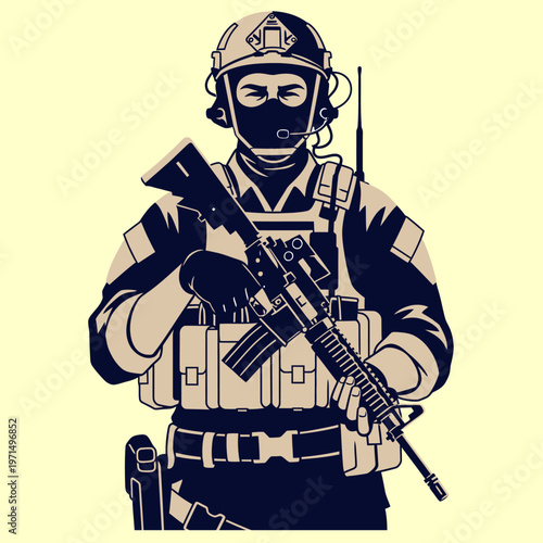 Tactical soldier illustration in two-tone, wearing helmet, balaclava, vest, holding assault rifle.