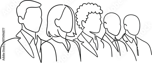 Group of people standing together in a unified formation with one person leading
