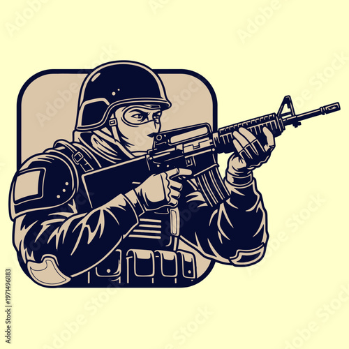 Vigilant tactical soldier aiming M16-style rifle, wearing helmet, balaclava, and armored vest, detailed vector illustration.