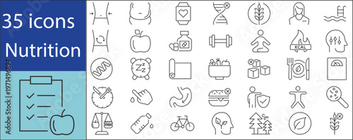 “Healthy lifestyle and nutrition icons collection including balanced diet, organic food, calories, and fitness elements.”