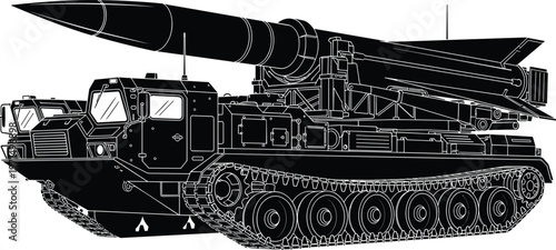 Tracked military missile launcher illustration, armored vehicle artwork, defense technology design concept, black and white vector template set