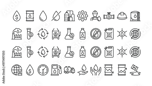 Set of 30 outline icons related to oil, fuel drop. Linear icon collection. Editable stroke. Vector illustration
