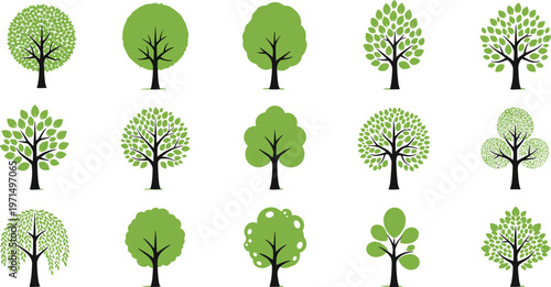 Tree foliage icon collection with nature greenery forest landscape botanical artwork, green vector template set