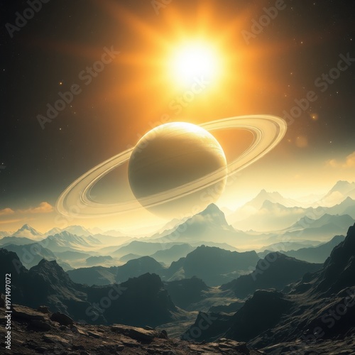 Epic Saturn-like planet with rings over alien mountain landscape under bright sun