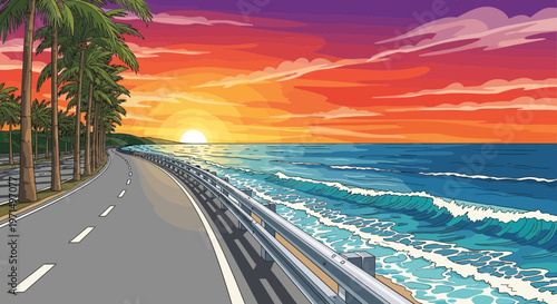 Tropical road, ocean highway, palm tree landscape, sunset scenery, vector illustration