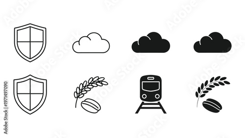 Collection of icons representing security, technology, agriculture, and transportation