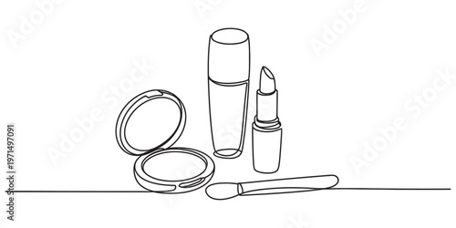 A simple continuous line drawing of various cosmetic beauty products arranged for a makeup set Vector, illustration