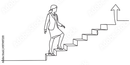 A single continuous line drawing of a business woman climbing stairs towards a bright success Vector, illustration