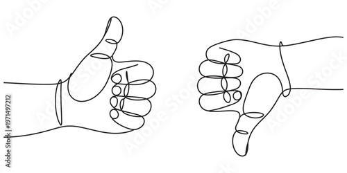 A continuous line drawing showing a hand with a thumbs up and a hand with a thumbs down gesture Vector, illustration