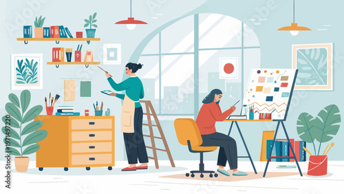 Artists working in creative studio with art supplies and colorful paintings on canvas vibrant workspace with large window and plants