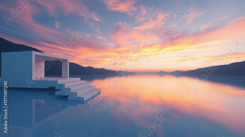 Modern minimalist lakeside cabin at golden hour with serene reflection and sunset sky